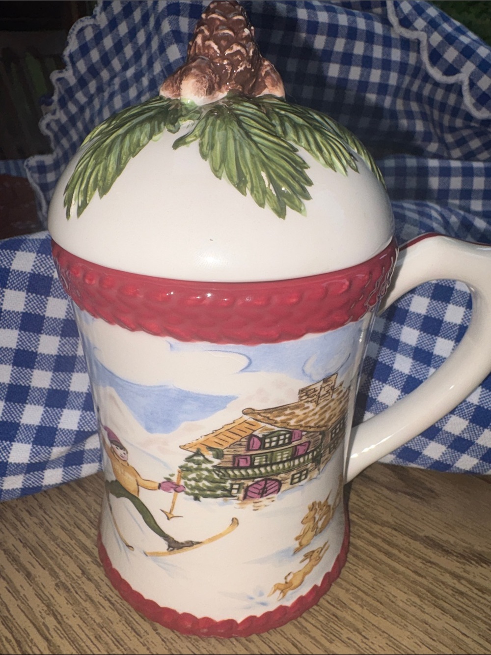 Hand-Painted Ceramic Ski Chalet Mug with Pinecone Lid - Cream, Red, Green